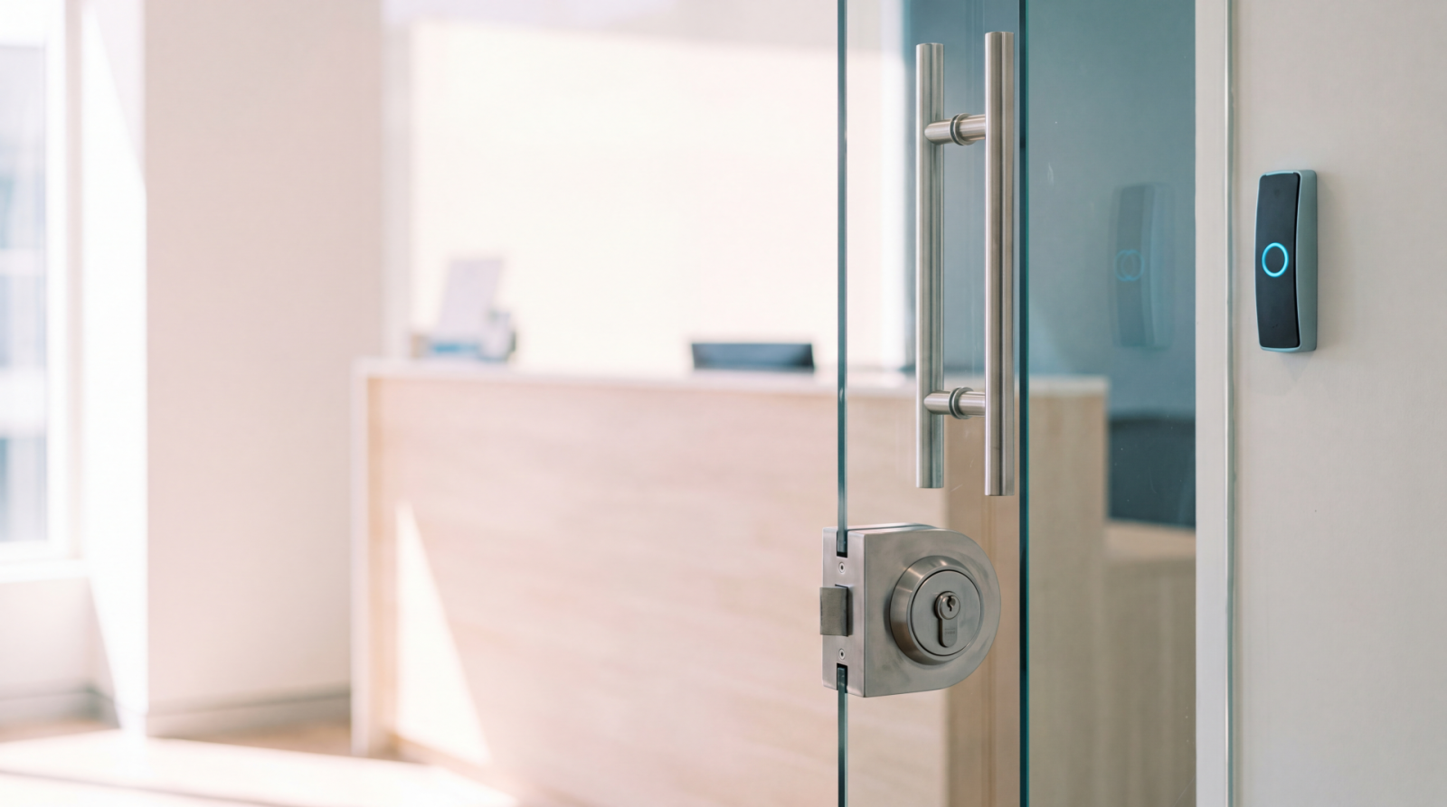 Glass office door with a fitted lock and wall access control keypad