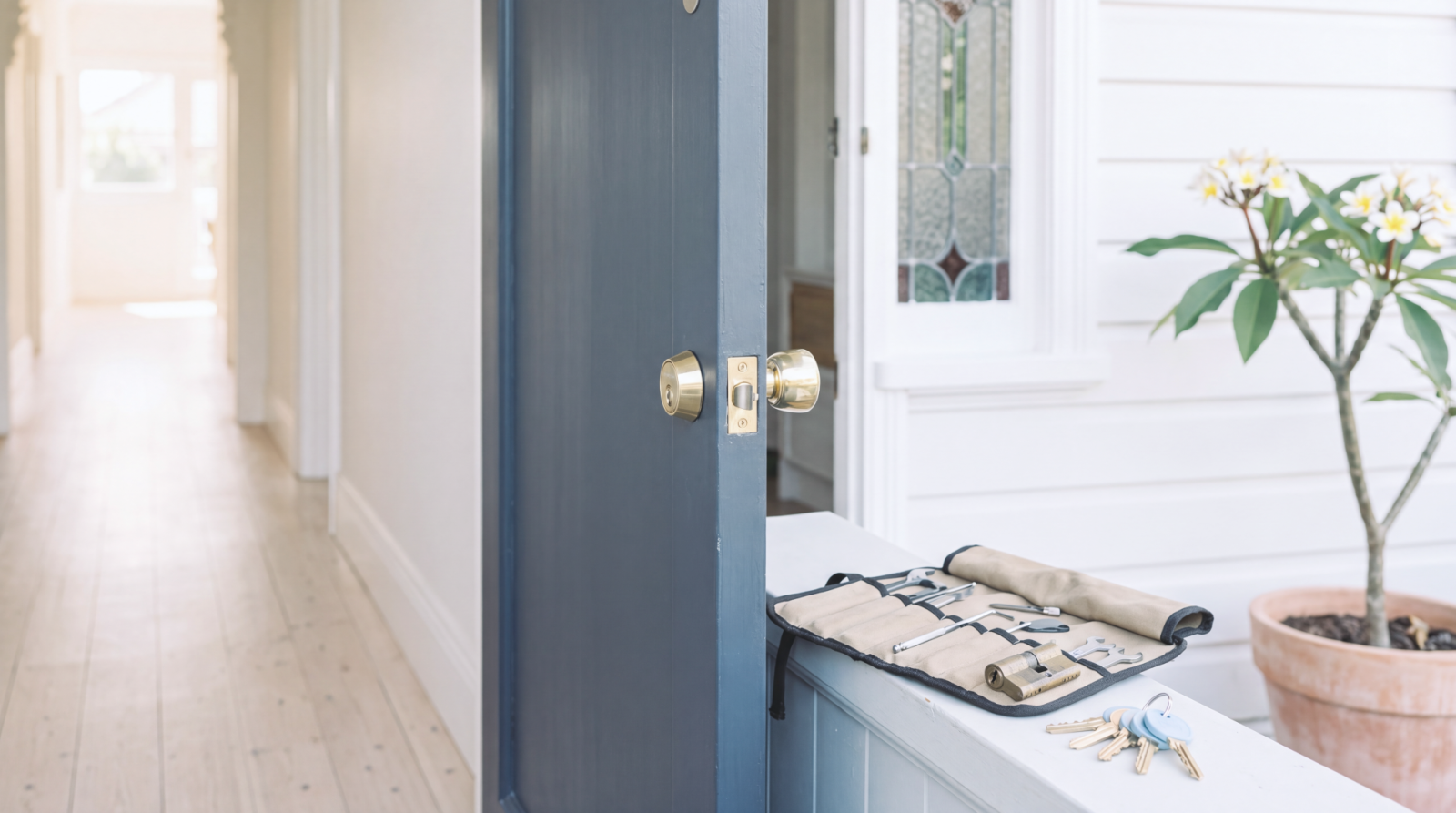 Open front door with a key in the lock beside an entry bench and potted plant