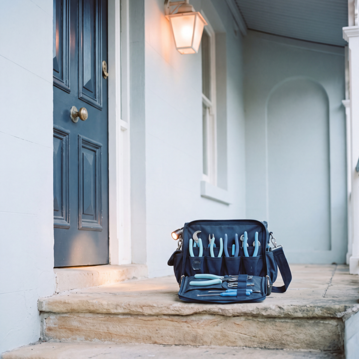 Locksmith tool bag on a doorstep beside a blue front door